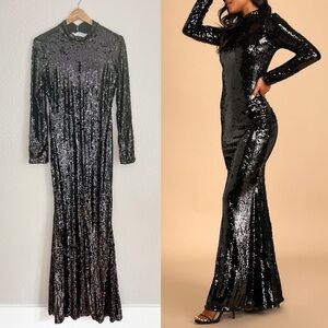 Shimmer In the Night Black Sequin Backless Mermaid Maxi Dress